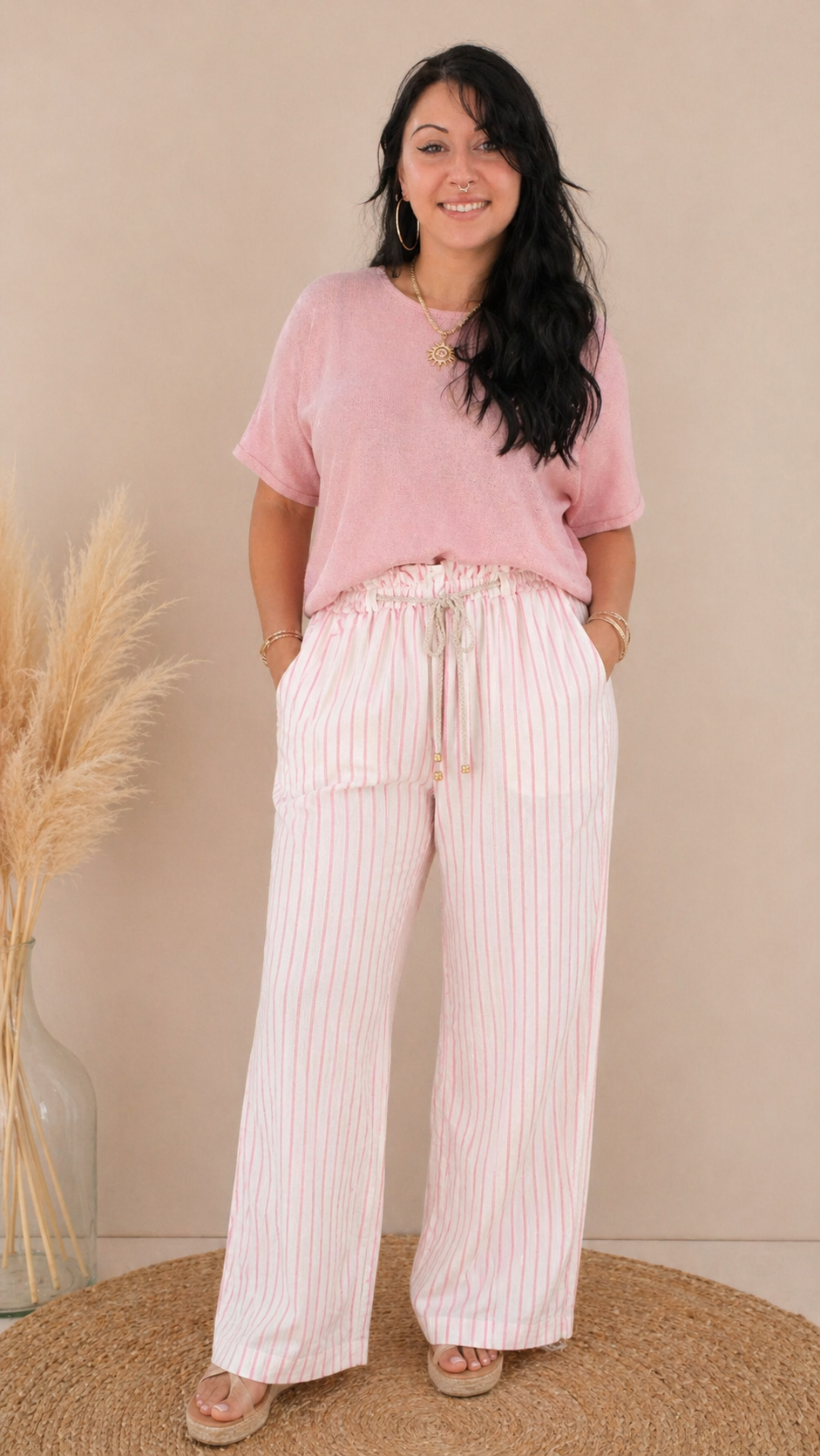 🌸 Pantalon fluide rayé en coton – Taille unique (36 au 40)