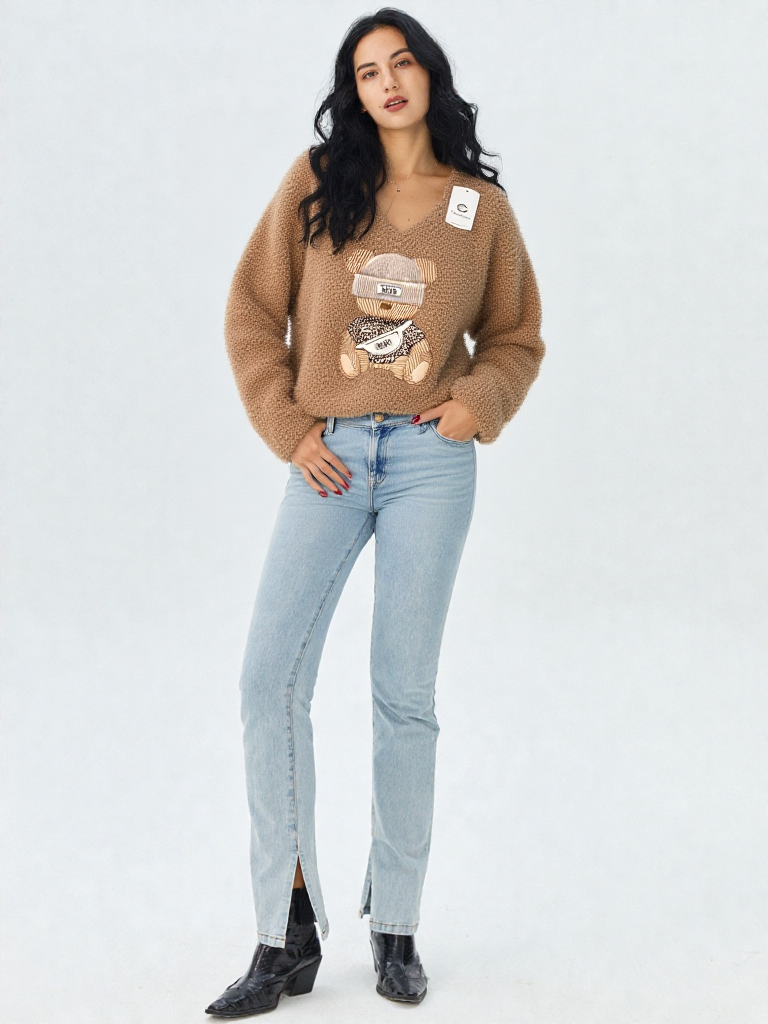 Pull oversize col V à motif "OURSON"