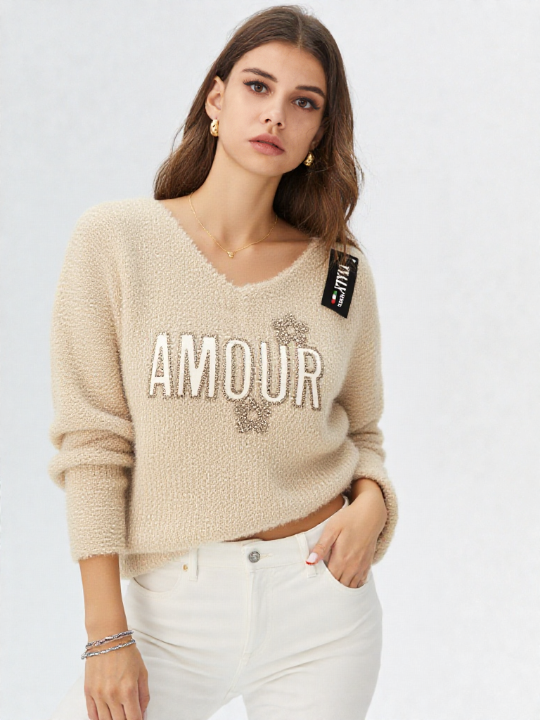 Pull oversize col V à motif "AMOUR"